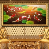 玄关九鱼图客厅装饰油画九条鱼手工纯手绘欧式竖中式现代挂画壁画