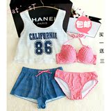 韩国小清新少女系运动风字母粉色格子罩衫比基尼泳衣四件套沙滩女
