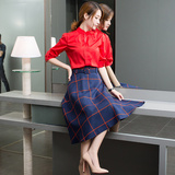 2016春装新款韩版女装红色衬衫上衣+格子半身裙两件套套装连衣裙