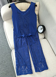 S44#时尚夏季韩版拼接针织绑带背心显瘦蕾丝七分裤气质两件套套装