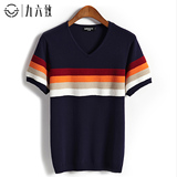 夏季男士韩版修身V领条纹撞色短袖T恤男潮青年针织衫体恤大码潮流