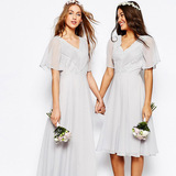 结婚礼服女灰色姐妹团伴娘服长款2016新款显瘦新娘韩式夏季雪纺袖