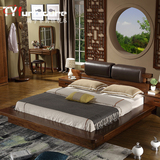 黄金胡桃木全实木家具 1.8米双人木床简约现代中式卧室真皮储物床