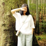 自然洱然 文艺范女装2016 复古小盘扣 白色亚麻宽松衬衫女五分袖