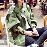 韩国2016春秋装韩版宽松收腰中长款风衣女显瘦立领军绿色工装外套