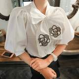 韩国代购 VIVIgirl高贵华丽气质甜美刺绣玫瑰花蝴蝶结灯笼袖衬衫