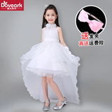 韩国儿童花童白色拖地婚纱裙公主礼服裙中大女童生日表演出服装夏