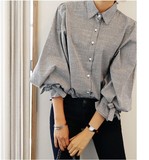 2016春装韩版宽松灯笼袖长条纹衬衫女韩国学院风纯棉立领上衣衬衣