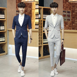 夏季韩版新款男士七分袖小西装青年亚麻西服套装新郎伴郎结婚礼服