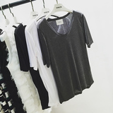 韩版透视中袖黑白灰薄款大圆领纯色光板基本款夏季T恤  女装2016