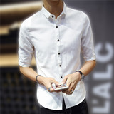 男装五分中袖衬衣亚麻韩版修身青年七分半袖上衣潮流衬衫男士夏季