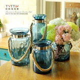 欧式创意手提蓝色玻璃瓶 地中海风格透明玻璃花器 家居装饰花瓶