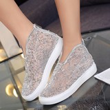蘑菇街性感夏季新款韩版网纱透气女鞋蕾丝亮片网面鞋松糕平底凉鞋
