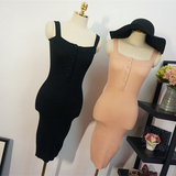2016夏新款韩版胸前纽扣修身打底性感吊带包臀针织连衣裙紧身中裙