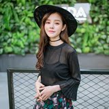 2016夏季韩版透视针织衫女套头薄性感短款上衣宽松显瘦七分袖T桖