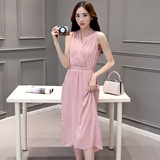 2016夏季新款韩版修身长裙无袖收腰雪纺连衣裙荷叶边高腰裙子粉色