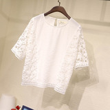 韩版大码夏装雪纺衫短袖上衣女夏新款女装白色夏季镂空宽松蕾丝衫