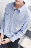 日系双口袋长袖衬衫男韩版休闲男士纯色衬衣学生修身寸衫外套男潮