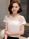 2016夏装新款韩版女装短袖雪纺衫镂空百搭蕾丝衫荷叶袖上衣