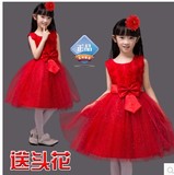 春夏花童红色婚纱礼服公主裙六一儿童演出服学生女童表演蓬蓬纱裙