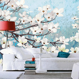 蓝色手绘花卉墙纸 个性树枝花朵客厅电视背景墙壁纸 装修大型壁画