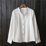 棉麻衬衫女式上衣复古纯色宽松立领打底衫衬衣亚麻开衫长袖白衬衣