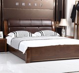 黑胡桃木全实木床 1.5/8米中式软靠真皮床高箱双人床牛皮靠背家具