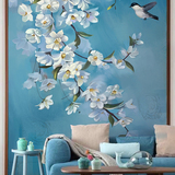 欧式3d中式花鸟蓝色墙纸 客厅电视背景墙壁纸 手绘卧室墙纸壁画