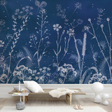 现代梦幻蓝色唯美花卉壁画沙发客厅电视背景墙纸定制简约大型壁纸