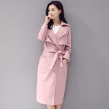 2016秋装新款韩版时尚西装领系带过膝长款粉色风衣女外套修身