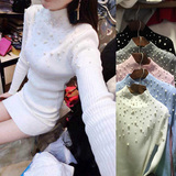 冬季新款韩版半高领珍珠修身显瘦中长款包臀针织衫套头连衣裙女