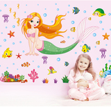 卡通美人鱼公主童话墙贴儿童房女孩卧室幼儿园贴纸防水贴画可移除