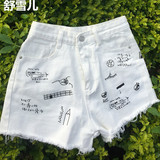 韩版牛仔短裤女夏季学生大码薄款宽松流苏热裤印花大童白色牛仔裤