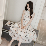 雪纺连衣裙夏季女装新款2016韩版修身显瘦中长款无袖印花连衣裙子