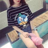 韩版代购夏季女装条纹卡通高飞条纹短袖t恤女宽松学生纯棉体恤衫
