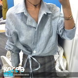 2016夏季韩国代购X2 square细条纹棉麻绑带超美腻蝙蝠袖衬衫女装