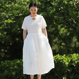 松间原创设计16夏新品中长款高端大摆文艺白色格子真丝亚麻连衣裙