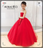 2016春夏新款儿童红色婚纱礼服裙 抹胸公主裙 女童主持人演出服装