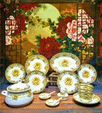 唐山特产优质骨瓷46头古典庄重皇家气派九龙壁图案碗盘碗碟套餐