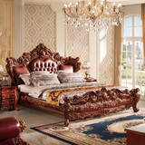 欧式大床 豪华2米深色奢华床别墅进口真皮双人床高档实木雕花婚床