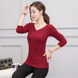 新款韩版秋季女V领薄款套头长袖针织衫纯色紧身打底衫条纹毛衣