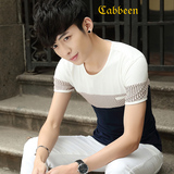 卡宾夏季男士短袖t恤男圆领修身体恤青年拼接半袖衣服男装韩版潮