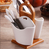 创意竹木陶瓷筷子架厨房用品置物架双筒刀叉勺子收纳盒分格餐具笼