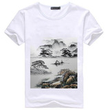 2015中国风民族风景图案印花山水画上等牛奶丝男短袖t恤