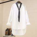 韩版2016春秋新款大码宽松空调衫纯色上衣中长款长袖V领白衬衫女