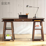 美式乡村台式纯实木书桌写字台创意家用电脑桌带书架简约办公书桌