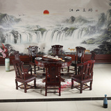 红木圆餐桌家具东阳中式餐厅雕花实木餐桌椅非洲酸枝木带转盘圆桌
