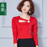针织打底衫女长袖2016秋季短款修身纯棉体恤韩版个性领女士上衣潮