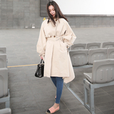 韩国代购2016秋装新款灯笼袖宽松收腰显瘦双排扣中长款风衣外套女