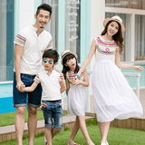 一家四口亲子装夏装韩版公主裙子三口母子母女短袖全家雪纺连衣裙
